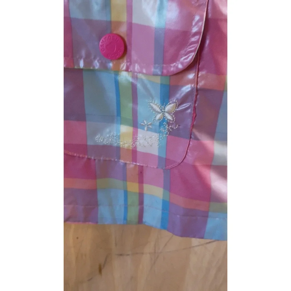 OshKosh Bgosh Girls Pastel Plaid Hooded Raincoat Retro Preppy Style Size 5